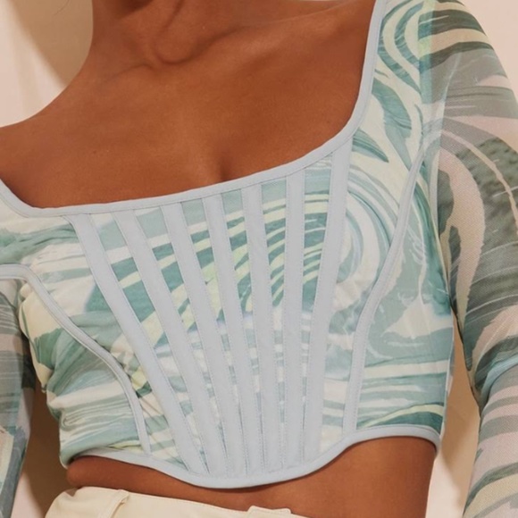 Green Abstract Printed Mesh Binding Detail Long Sleeve Corset - Picture 4 of 8